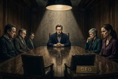 A shadowy boardroom table with two empty seats and the remaining board members looking very concerned.